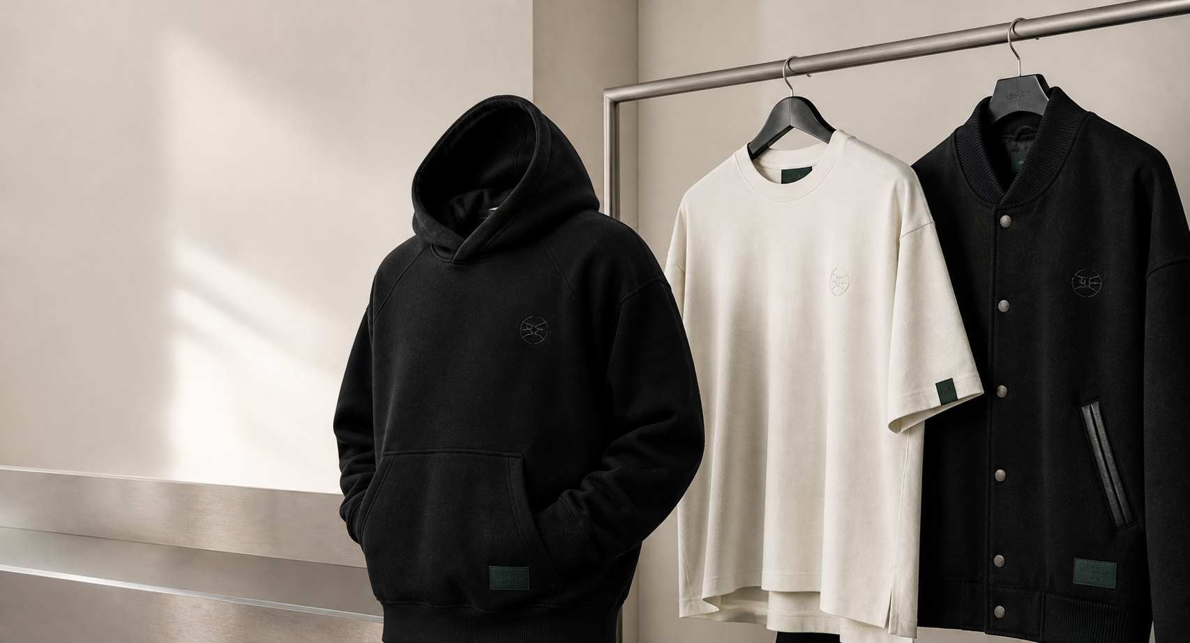 Premium custom hoodie, tee, and jacket in a refined apparel studio